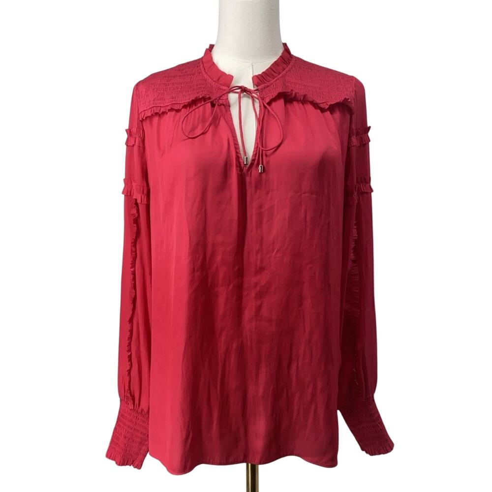 WHITE HOUSE BLACK MARKET Hot Pink V-Neck Tie Ruffle Boho Blouse Women’s Small